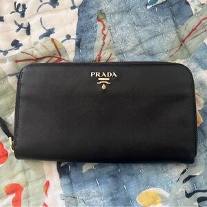 Prada Black Saffiano Leather Zip Wallet Authentic